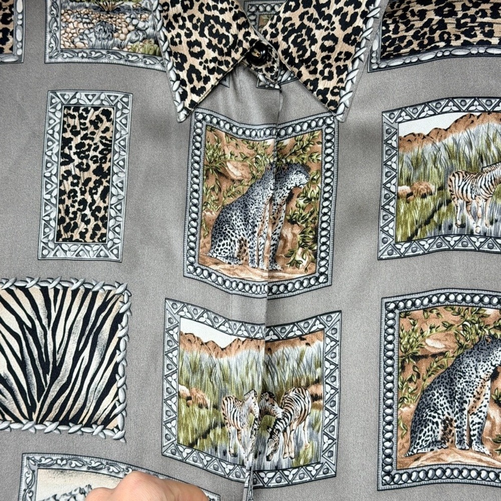 Vintage Starington Silk Safari Animal Print Blouse Leopard Zebra Grey Size 14 - Picture 2 of 10